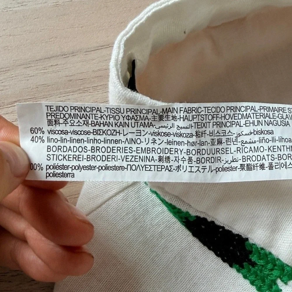 Zara Embroidered Linen Blend Straight Leg Pants White Green Small